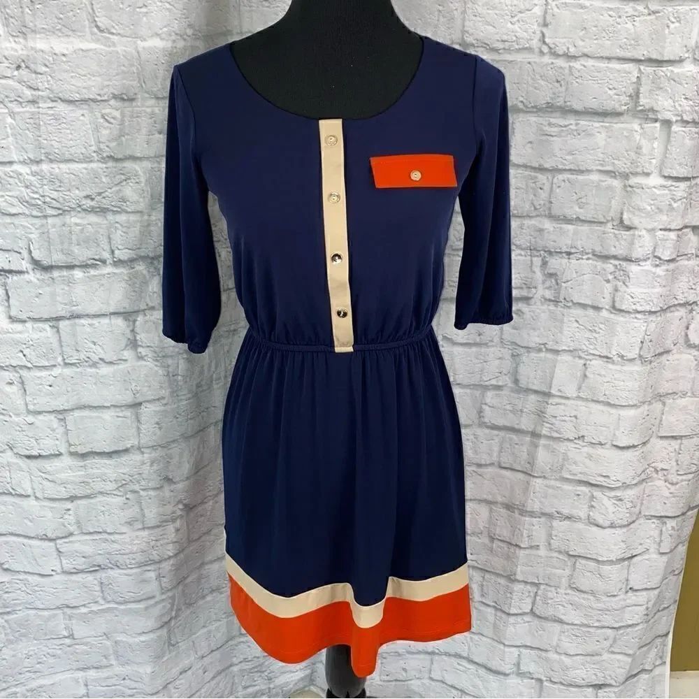 Sweet storm 3/4 sleeve elastic waist color block dress size small